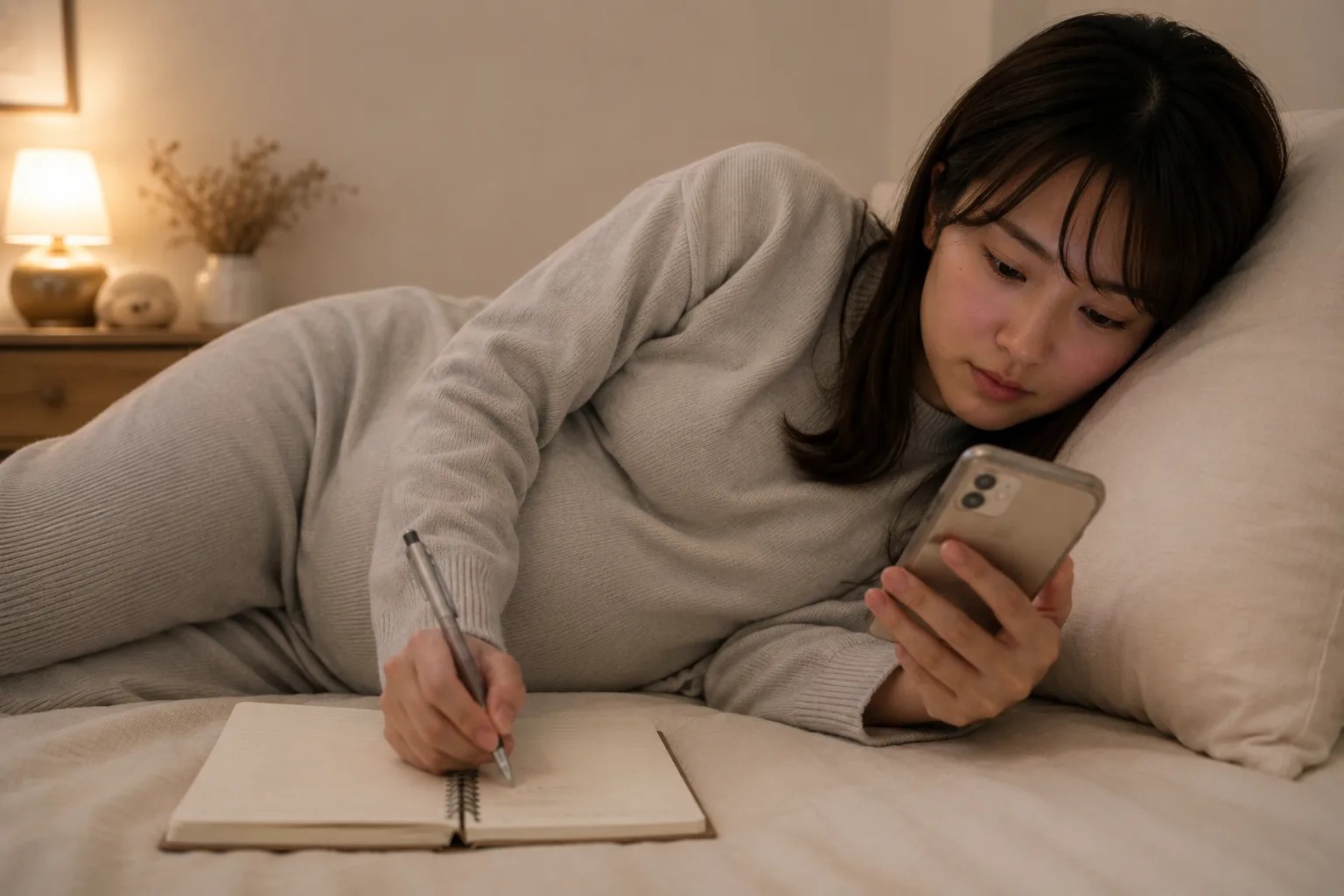 ベッドに横になり、スマホとノートで勉強している様子